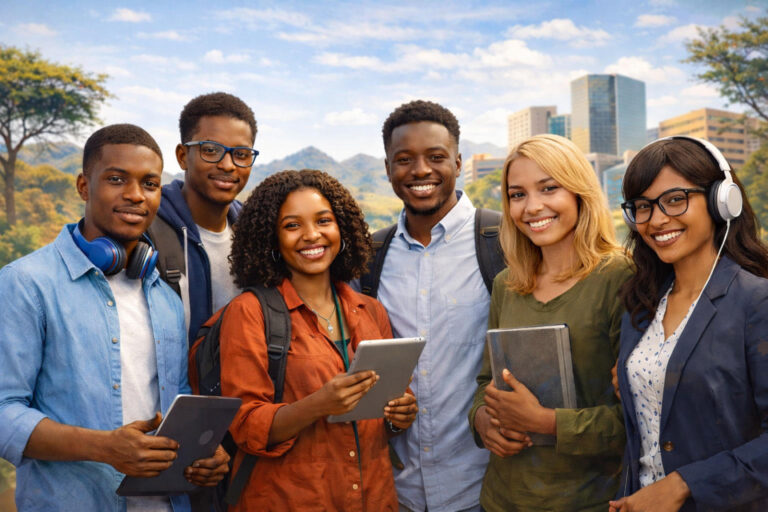 Group of friends with Botswana backdrop